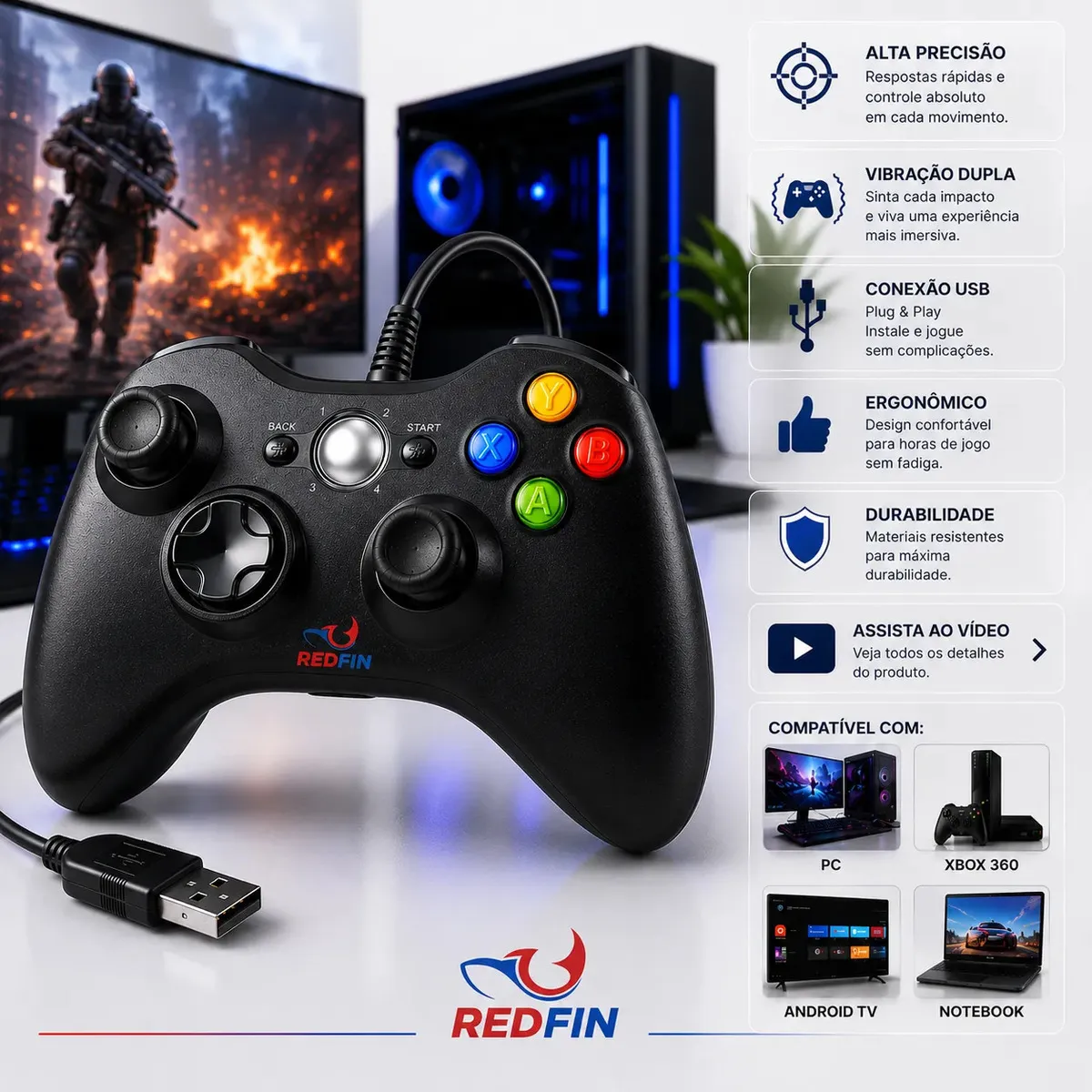 Controle Para Xbox 360 Com Fio USB e PC Preto Vibração Console Joystick Manete Gamer Gamepass Steam Windows Tv Pc Android Pc Controle Pc Gamer - Redfin