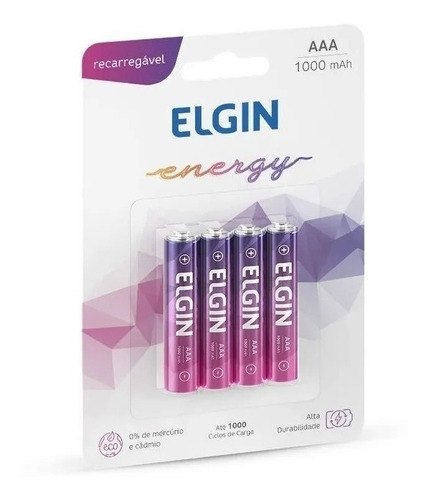 Pilha Recarregável Elgin Aaa 1000mah 1,2v Blister C/04 Unid