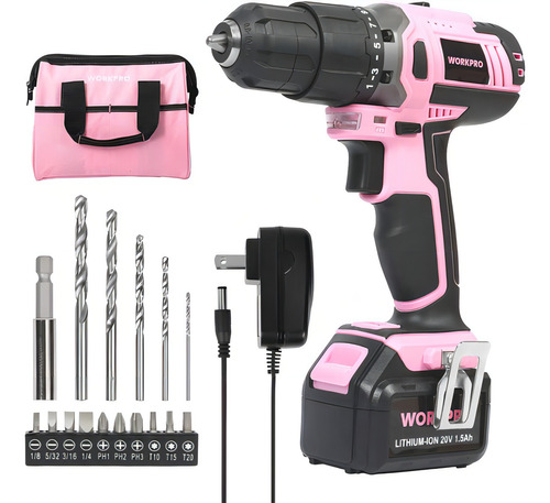 Taladro Inalámbrico Workpro 20v, Kit Completo Rosa, 1500 Rpm Color Rosa Frecuencia 60hz