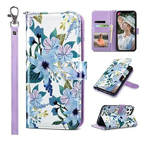 Funda Billetera Azul Floral Compatible Con iPhone 12 Pro Max