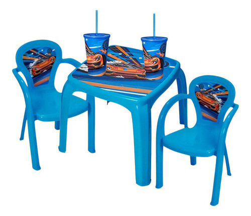 Kit Infantil Mesa Com Duas Cadeiras Dois Copos 550ml Canudo Cor Azul Carro