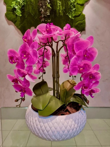 Arranjo 4 Orquideas Rosas Com Vaso Branco De Cerâmica | Frete grátis