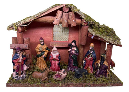 Presepio De Natal Resina C/9 Pcs Decorado Casa De Madeira