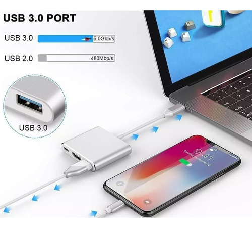 Hub 3 En 1 Incluye Puertos Para Hdmi Usb 3.0 Y Pd Adaptador Hub Usb-c H3e1 Marca Jkrtech