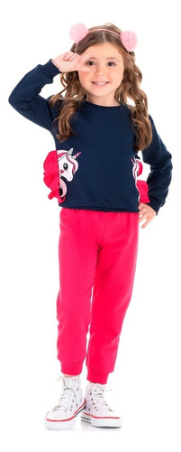 Conjunto Moletom Infantil Menina Unicornios Marinho - Ollele