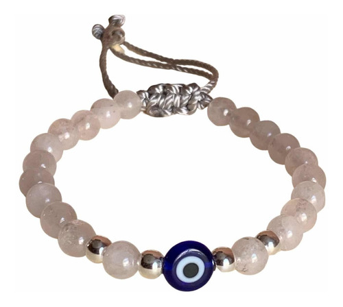 Pulsera Cuarzo Rosa Ojo Turco Azul Protección Y Plata Ley