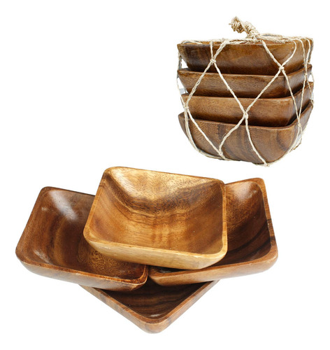 Plato Tallado Madera Hecho Mano Acacia Juego 4 Cuenco 4