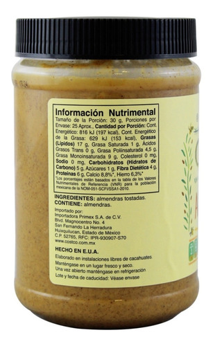 Imagen 3 de 3 de Crema De Almendras Kirkland Signature De 765gr