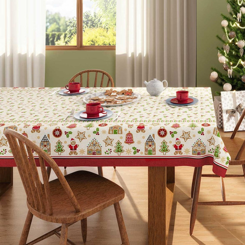 Toalha De Mesa Natal 4 Lugares Algodão Biscoitos Lepper Cor Branco