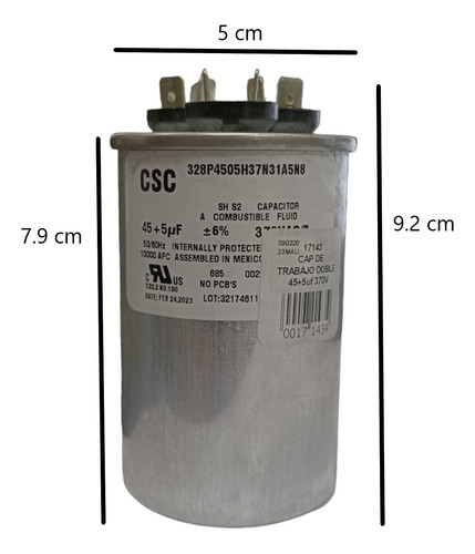 Capacitor Csc Aluminio 45 +5 Uf 370 Vac +-6%