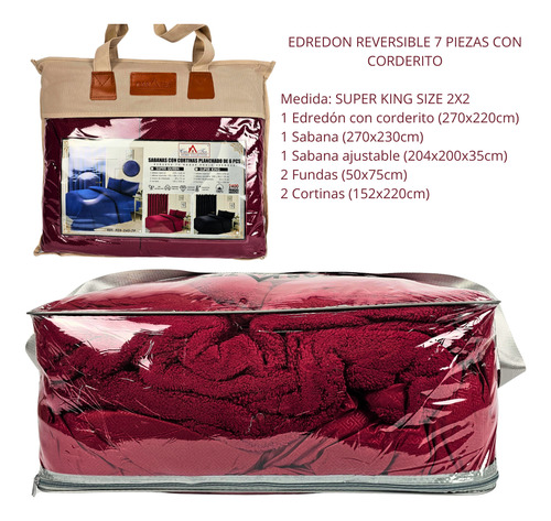 Edredón Reversible 7 Piezas Tamaño King Size 2x2 Bordó Liso