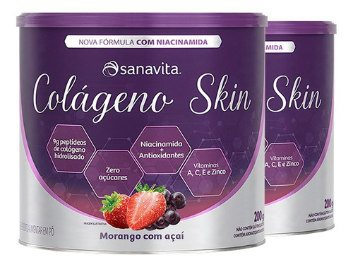 Kit 2 Colágeno Skin Sanavita Morango E Açaí 200g