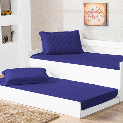 Cobre Leito Kit Solteiro Pratico 2 Pç Fronha Lençol Infantil Cor Azul Liso