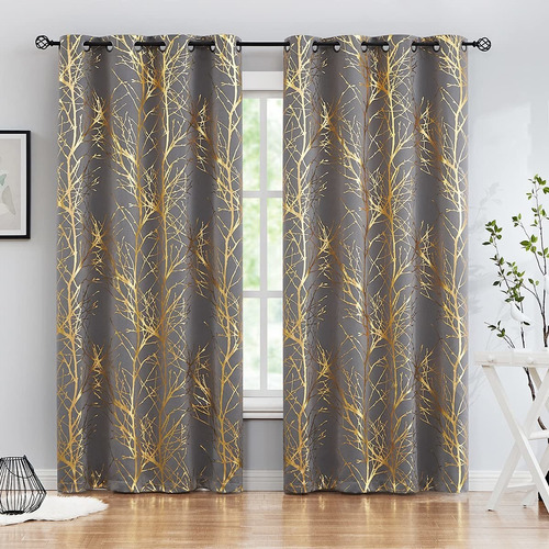 Branch Grey Blackout Curtain Panels For Bedroom 84 Foil...