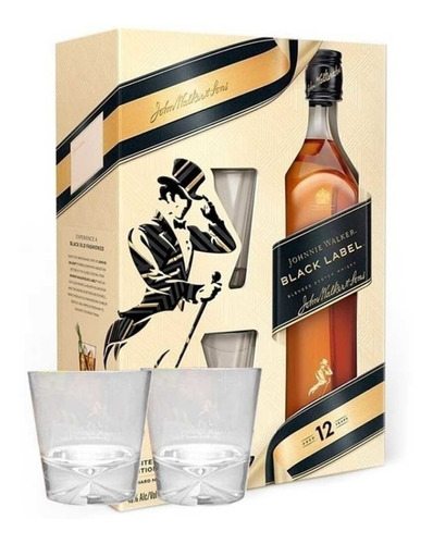 Whisky Johnnie Walker Black 750ml. Con Estuche + 2 Copas