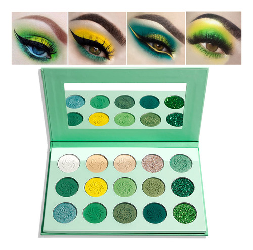 Qiufsse - Paleta De Sombra De Ojos Verdes, 15 Colores De Pal