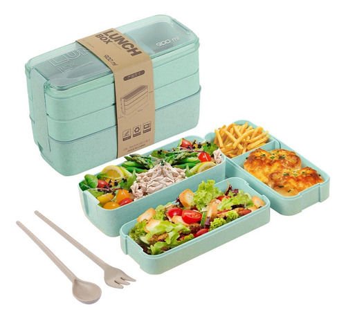 Marmita Lancheira Bento Box Lunch 1200ml Com Talheres Cor Verde
