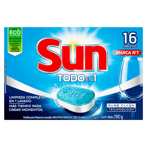 Imagen 1 de 5 de Detergente para lavavajillas Sun 3 en 1 tabletas en caja 16 u