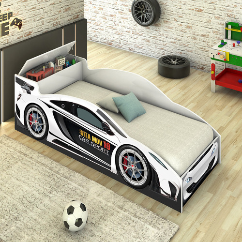 Mini Cama Carro Infantil Speed Branco Juvenil Com Baú