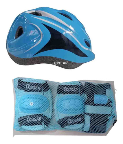 Casco Niño Azul  + Set Tobillera,muñequera,codera. Talle S