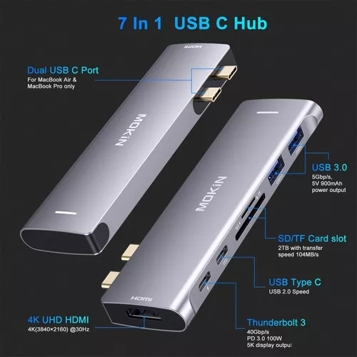 MOKiN Adaptador HDMI USB C Hub para MacBook Pro/Air, adaptador USB C 7 en 1  con HDMI, lector de tarjetas SD/TF, puerto de datos USB C, 100 W PD y 2