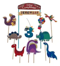 Comprar Adorno Torta Topper Dinos Personalizado Más Número Vela X11 Verde Lima Toppers Dinosaurios Con Número Vela
