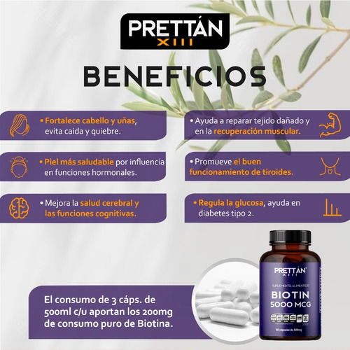 Biotina Suplemento Cabello Y Uñas 500mcg 90 Cápsulas Prettan
