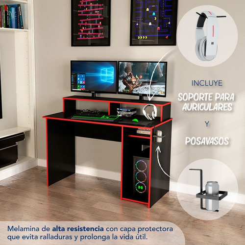 Imagen 3 de 7 de Escritorio Gamer Eg1r Con Alzada Y Accesorios Centro Estant