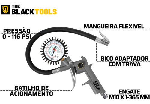 Calibrador E Inflador De Pneus Pneumático Com Manômetro 1/4 Npt 16bar 220 Libras Btbp1000 The Black Tools + 2 Mangueiras Espirais 5M