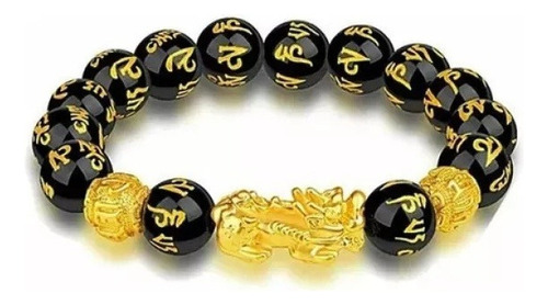 Brazalete Feng Shui De Obsidiana 12 Mm Negro Mate Oro Pixiu