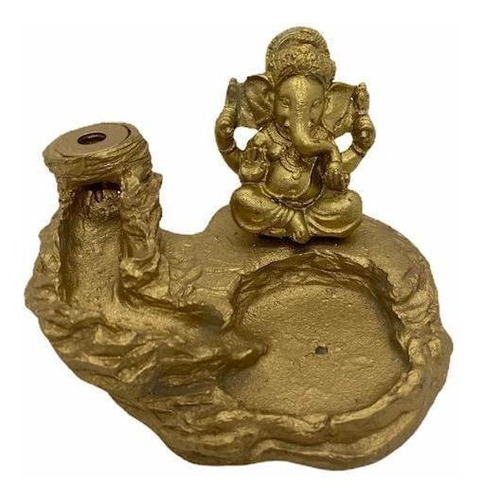 Incensário Cascata Ganesha Dourado Em Resina 10 Cm