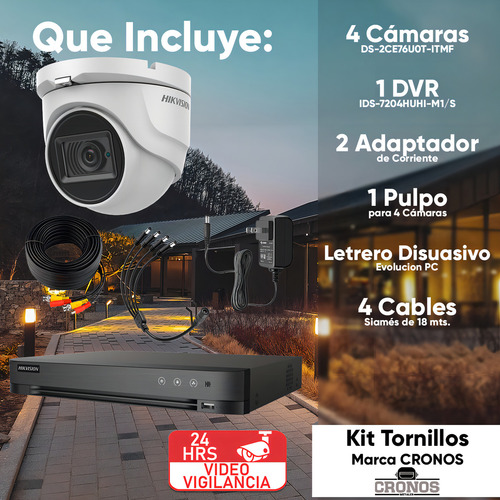 Hikvision Kit De 4 Cámaras De Seguridad Metálicas Eyeball Turbohd 4k 8mp Exterior Ip67 + + Dvr 8mp 4 Canales Turbohd + 4 Canales Ip Modelo Ids2ce76u0t-plus