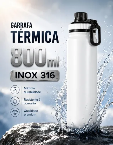 Garrafa Térmica 800ml Água Azarte Inox Academia Com Alça
