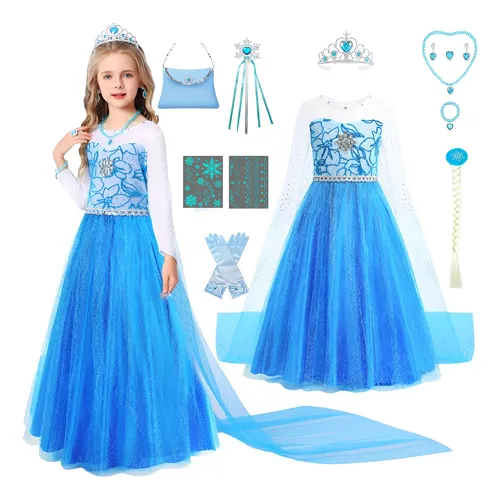 Disfraz Vestido Princesa Elsa Frozen Para Niñas+guantes+collar+trenzas