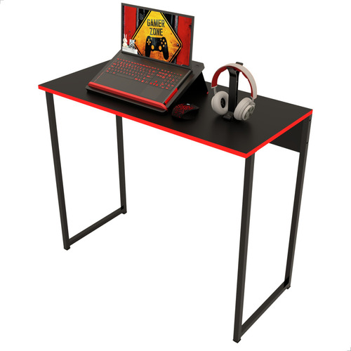 Mesa Gamer Escrivaninha Minimalista Notebook Home Office Cor Preto Com Vermelho