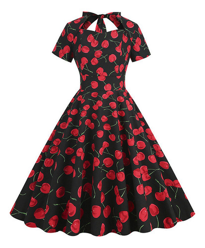 Vestido Manga Corta Estampadovintage Cintura Alta Para Mujer