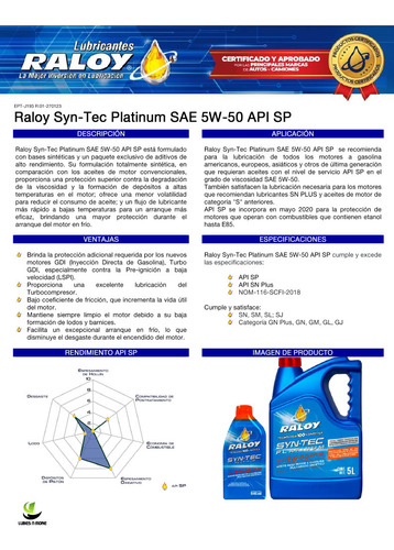 Aceite 100% Sintetico Raloy Syntec Platinum 5w50 Api Sp 1l