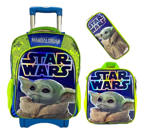 Mochila Escolar Combo Baby Yoda Original  De Star Wars 3 Piezas Con Llantas Viene Mochila Con Lapicera Y Lonchera Envio Gratis