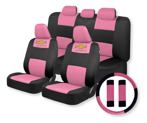 Funda Tela Negro Rosa Chevrolet+ Cubre Volante Y Cinturones