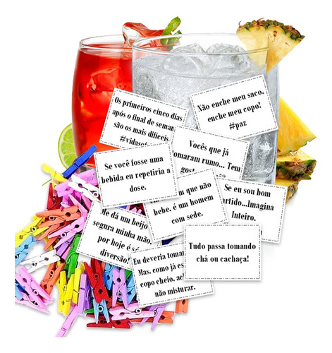 Kit 100 Tags Frases Diversas P/ Drink C/ Pregador Colorido