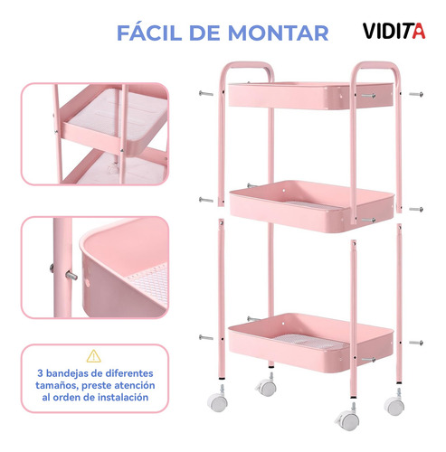 Carrito Organizador Metal 3 Niveles Ruedas Bloqueables Rosa Rosa