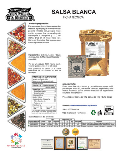Salsa Blanca Deshidratada En Polvo De 60g, 100% Natural