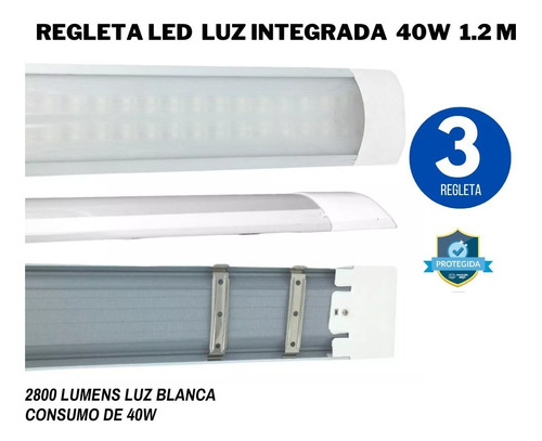 Regleta Gabinete Tubo Lampara Led 40w 120cm Luz Blanca 3 Pza