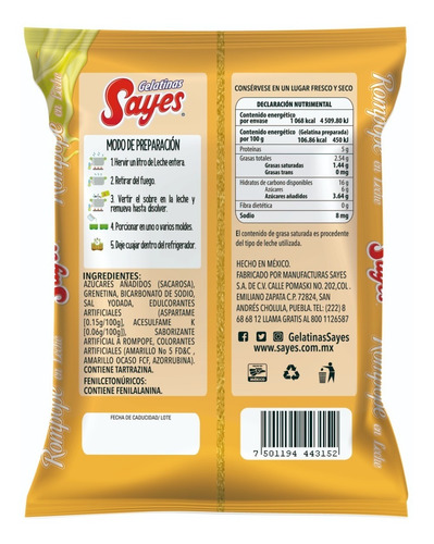 Imagen 3 de 3 de Gelatina En Polvo Sayes De Leche Sabor Rompope 120gr