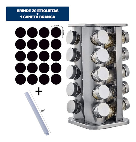 Porta Temperos Condimentos Aredondado Aço Inox 20 Potes