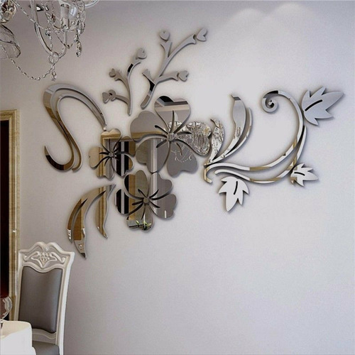 Espejo De Flores Acrílico De Pared 3d Flor Grande 100cmx76cm Decorativo Hogar Sala Recámara Baño Estudio  Color Plata