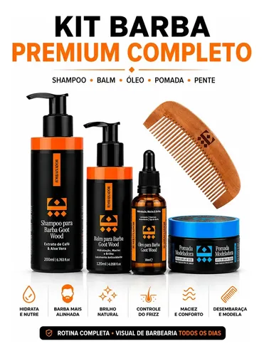 Kit Para Barba Shampoo + Pomada Brilho + Balm + Óleo + Pente