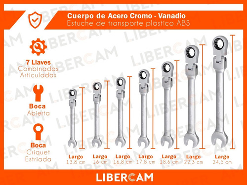 Imagen 4 de 10 de Set X7 Llaves Criquet Combinadas Estriada Articuladas Acero