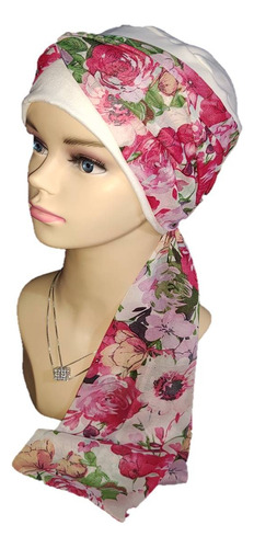 Turbante Gorro Mujer Elegante Oncológico, Algodón Y Mascada Color Rosa