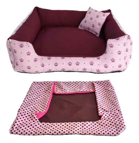 Cama Pet G Cachorro Grande Cama Com Capa Extra 70x70 Cor Cama Vinho + Capa Rosa Bolinhas